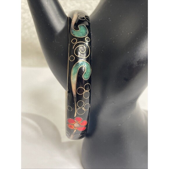 ELEGANT OLD CLOISONNÉ 1/2” ENAMEL FLORAL BANGLE BRACELET Blk/Red 8”